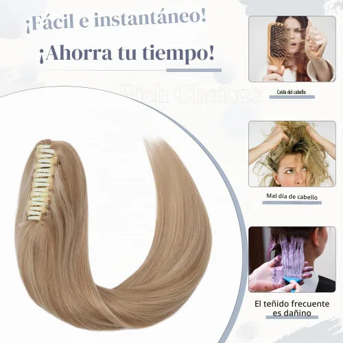 Vista 5 de Rich Choices Extensión de cola de caballo con clip de garra, cabello humano real, una pieza, extensiones de cabello largo Remy para mujer, #18P613