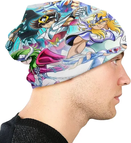 Vista 4 de KLEIDUNG Anime Saint Seiya Gorro de punto delgado elástico casual suave cráneo gorra gorra de cabeza negro, Negro