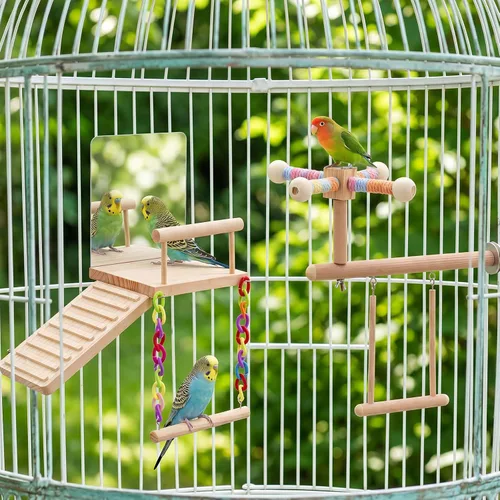 Vista 6 de 2 piezas de juguetes de periquito para pájaros, plataforma de perca para pájaros, escalera de espejo oscilante con función de giro de 360°