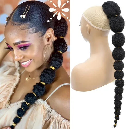 Vista 10 de Extensión de cola de caballo afro rizada con burbuja para mujeres negras de 18 pulgadas de largo, cola de caballo con cordón natural negro, clip