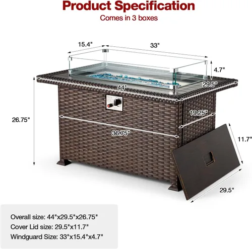 Vista 5 de HOMREST Mesa de fuego de gas propano para exteriores de 44 pulgadas, fogata de gas de encendido automático de 50,000 BTU con protector de viento
