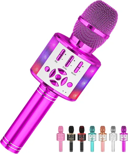 Vista 12 de Amazmic Máquina de Micrófono de Karaoke para Niños, Micrófono Bluetooth Portátil, Micrófono de Karaoke Inalámbrico de Mano con Luces LED, Regalo