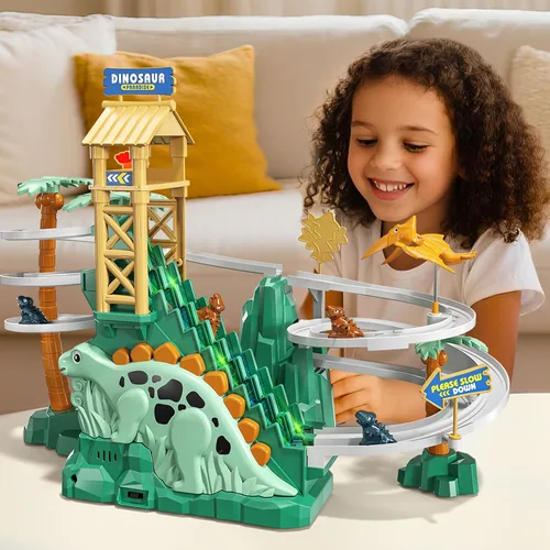 Vista 2 de JUKUDAHU Pista de Escalada y Deslizamiento de Dinosaurios para Niños de 3, 4, 5, 6, 7, 8 años - Juego de Pista de Carreras, Juguete de Coche
