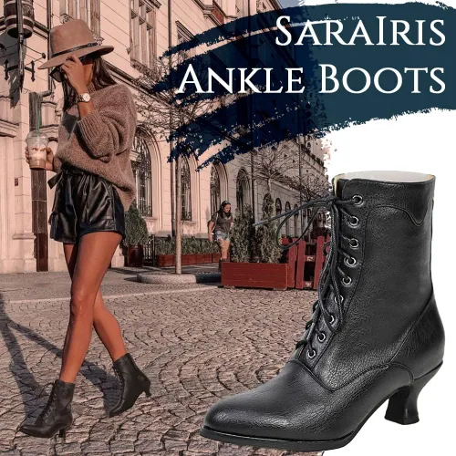 Vista 2 de SaraIris Womens Ankle Boots Mid Calf Boots Gothic Chunky Heel Lace Up Mesh Vintage Round Toe Knight Boots Witch Boots for Women