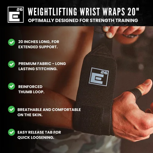 Vista 2 de Element 26 Muñequeras de levantamiento de pesas de 20 pulgadas con lazo para el pulgar, muñequeras para entrenamiento de fuerza y protección