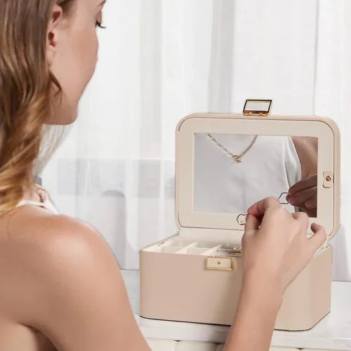 Vista 2 de Joyero mejorado, organizador de joyas de piel sintética de 2 capas para mujer con cerradura y espejo, gancho oculto para collar y divisor extraíble
