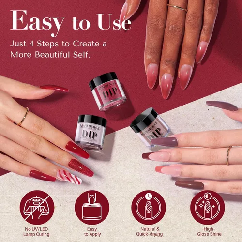 Vista 4 de AZUREBEAUTY Polvo de uñas de inmersión, kit de iniciación de 6 colores con purpurina marrón y roja, arte de uñas francesa, manicura de bricolaje