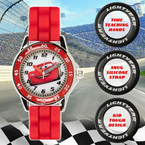 Vista 3 de Disney Reloj para enseñar la hora a niños CZ1009 Cars Rayo McQueen Reloj circular con correa de hule roja