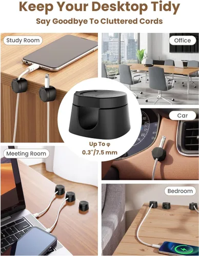 Vista 7 de Kanemc Clips de cable para escritorio, organizador magnético de alambre giratorio de 360°, gestión de cables autoadhesivos para escritorios