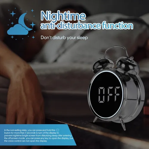 Vista 6 de Reloj despertador extra fuerte para adultos, adolescentes, niños, bonito metal retro, antiguo con campanas gemelas, funciona con pilas o enchufe