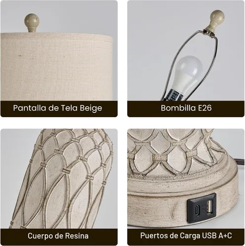 Vista 4 de Lámparas de Mesa de Estilo Granja para Dormitorio, Juego de 2, Lámpara de Noche Rústica de 28 pulgadas con Puertos USB, Lámpara de Mesa de Noche