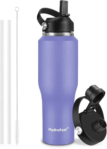 Vista 16 de Botella de agua de 32 onzas aislada con popote, botellas de agua a prueba de fugas, botella de agua para hombre, acero inoxidable para gimnasio