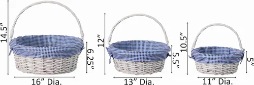Vista 4 de WICKERWISE Cesta de regalo tradicional de sauce redondo blanco con forro a cuadros y asas resistentes, cesta de almacenamiento de aperitivos