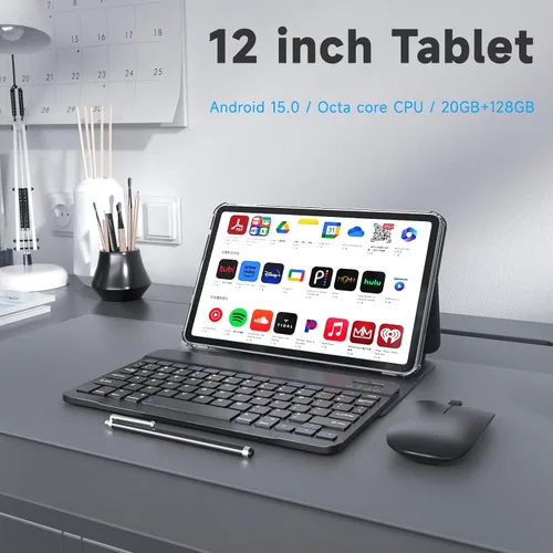 Vista 2 de PEICHENG Tablet 12" Android15.0, juego de pestañas con estuche/teclado/ratón/lápiz capacitivo, octa-core RAM 20GB (6GB+14GB expandir)+ROM 128GB IPS