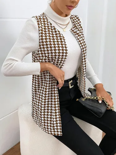 Vista 4 de WDIRARA Chaleco elegante sin mangas con pata de gallo abierto para mujer, abrigo largo