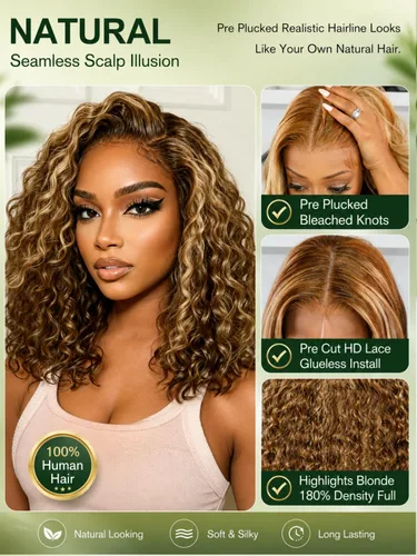 Vista 3 de KLAIYI Bye Bye Slip™ Ombre Highlights Rubio Bob Onda de Agua Rizado Precortado 7x5 Encaje Frontal Pelucas Cabello Humano Parte Lateral Cordón