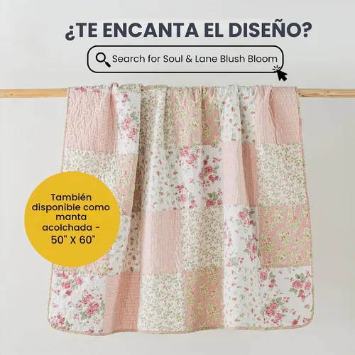 Vista 8 de Soul & Lane Blush Bloom - Juego de colcha de algodón, tamaño individual con 1 funda de almohada, colcha acolchada floral con diseño de parches