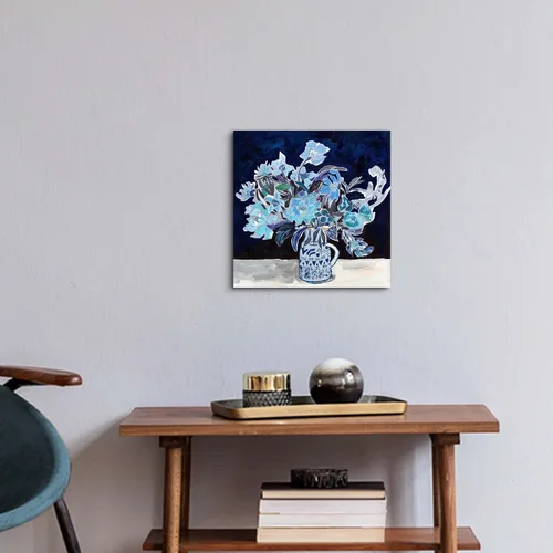 Vista 2 de TAR TAR STUDIO Lienzo abstracto de flores azules para pared, 12 x 12 pulgadas, impresión sin marco, decoración botánica para dormitorio, sala