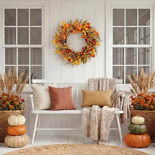 Vista 8 de Pinkpum Corona de otoño de 22 pulgadas para puerta delantera, calabaza Beige