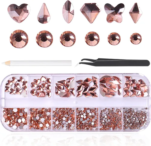 Vista 32 de 3520 diamantes de imitación de uñas color dorado champán para uñas, multiformas con parte trasera plana, diamantes de imitación redondos