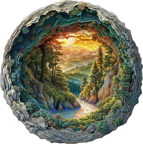 Vista 10 de KAAYEE Rompecabezas de madera para adultos, rompecabezas de madera con efecto de visión 3D, diseño de bosque cueva con forma única, rompecabezas