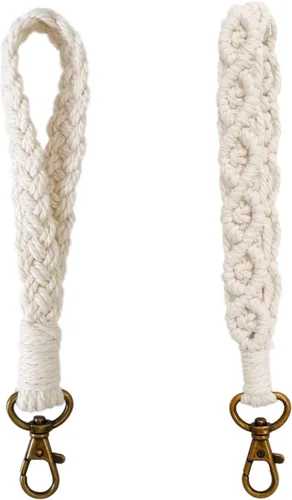 Vista 7 de Llavero de macramé, estilo bohemio, hecho a mano, llavero de muñeca para mujer 1_verde&café