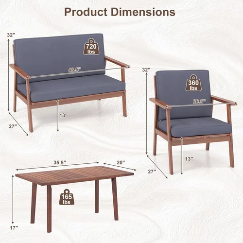 Vista 4 de Tangkula Juego de 4 piezas para conversación al aire libre, juego de sofá de madera de acacia con cojines de asiento y respaldo suaves, mesa Gris