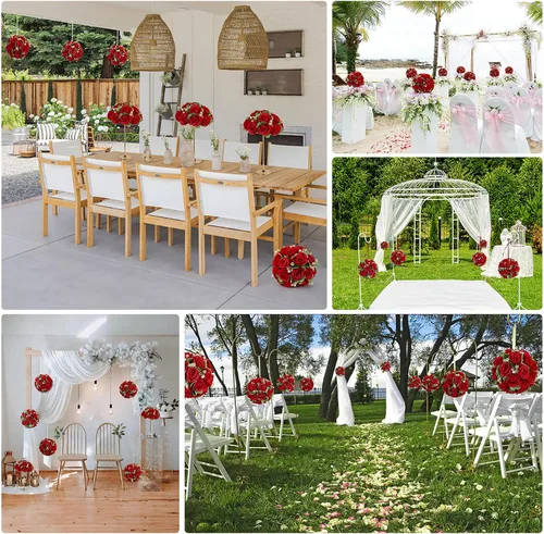 Vista 2 de Bolas de flores para mesas de boda, 6 piezas de flores artificiales rojas de 10.6 pulgadas para centros de mesa, arreglos de rosas falsas