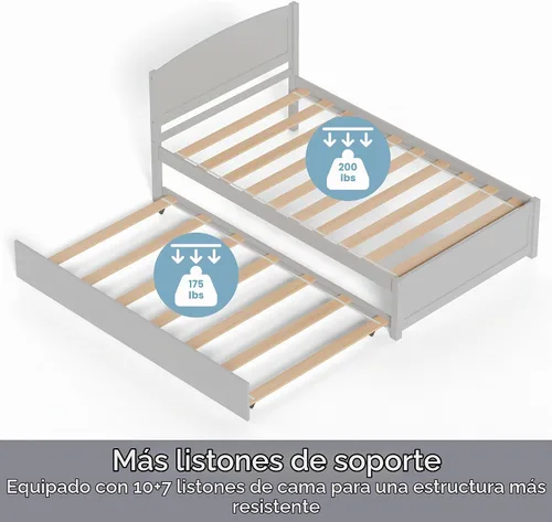 Vista 7 de Xilingol - Cama nido individual, marcos de cama de madera maciza con cabecero y soporte de listones de madera, marco de cama nido individual Gris