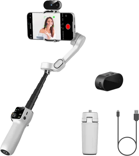 Vista 12 de AOCHUAN Estabilizador de cardán para iPhone y Android, cardán de teléfono de 3 ejes con micrófono de solapa inalámbrico, poste de extensión Negro