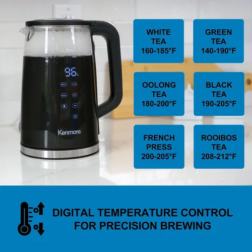 Vista 3 de Kenmore - Hervidor eléctrico inalámbrico de 1.7 litros, chofer digital inalámbrico, hervidor de té instantáneo, control de temperatura Negro