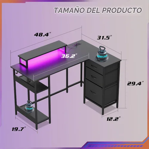 Vista 3 de DEVAISE Escritorio para juegos en forma de L de 48 pulgadas con cajones y almacenamiento, escritorio de esquina con luces LED, tomas de corriente
