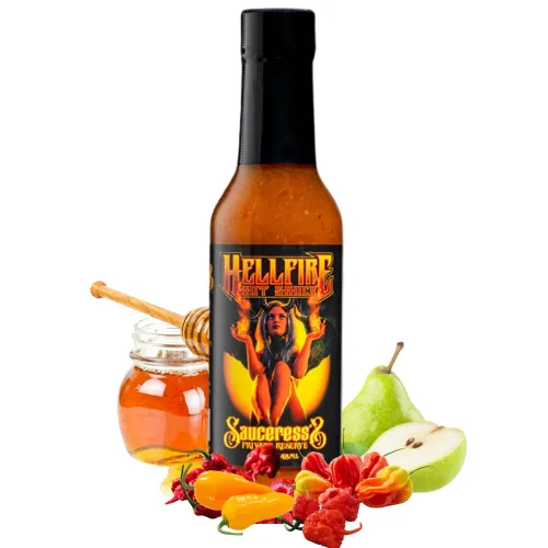 Vista 10 de Salsa picante Hellfire Devil's Gold, galardonada con múltiples premios, salsa picante gourmet a base de frutas, cuenta con pimientos amarillos súper