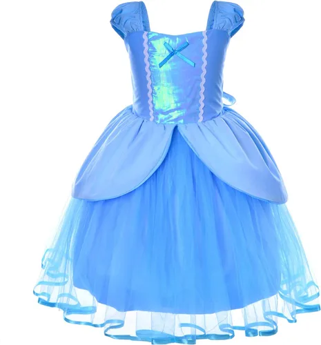 Vista 7 de Joy Join Disfraz de princesa, vestido azul para niñas pequeñas, vestido con guantes, corona, varita, collar
