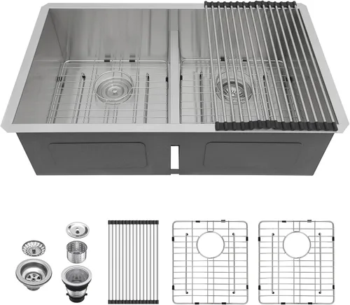 Vista 20 de Lordear Fregadero de cocina de 28 pulgadas de acero inoxidable de calibre 16 con doble plato y estación de trabajo de montaje inferior de 60/40