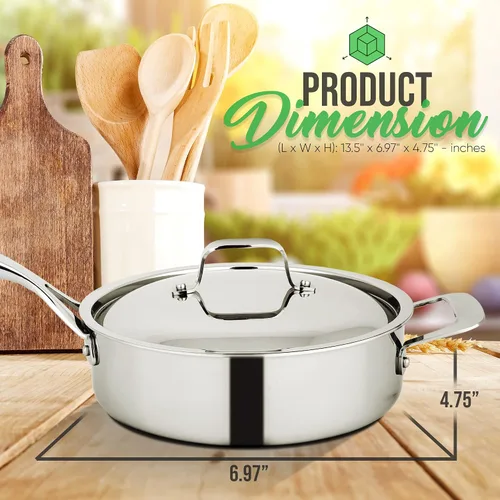 Vista 2 de NutriChef Sartén para saltear de 3.4 cuartos con tapa, sartén de acero inoxidable resistente a las manchas sin PFOA/PFOS con interior satinado