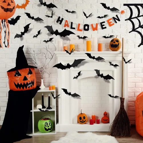 Vista 3 de Decoración de murciélago de Halloween, 120 calcomanías de murciélago para decoración de pared interior, 4 tamaños diferentes, impermeables, 3D