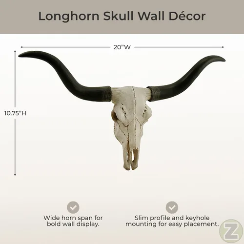 Vista 5 de Zeckos Escultura de pared de calavera de trofeo Longhorn de 20 pulgadas en negro y hueso, hecha a mano - Cabeza de buey falsa realista con detalles