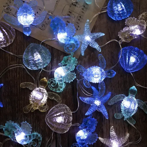 Vista 6 de Guirnalda de luces con temática oceánica, decoración náutica para interiores, funciona con USB o baterías, 10 pies, 30 luces LED de caballito