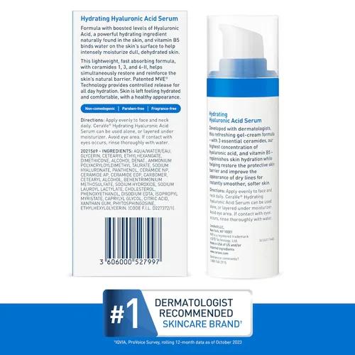 Vista 8 de Cerave Suero de ácido hialurónico para la cara con vitamina B5 y ceramidas, suero facial hidratante para piel seca, sin fragancia, 1 onza