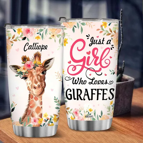 Vista 3 de BECHUSKY Vaso de acero inoxidable personalizado con aislamiento al vacío de flores de jirafa con tapa Just A Girl Who Loves Giraffes, taza de café