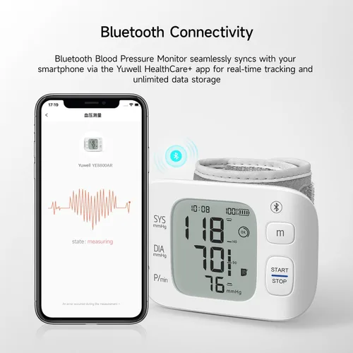 Vista 3 de yuwell Monitor inteligente de presión arterial de muñeca con Bluetooth Grado médico, máquina BP para uso doméstico Peso ultraligero, puño