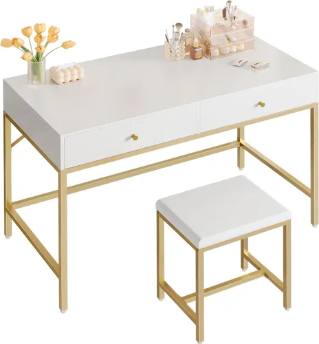 Vista 12 de SUPERJARE Escritorio blanco y dorado de 35.4 pulgadas con 2 cajones, tocador de maquillaje moderno con taburete acolchado, escritorio pequeño