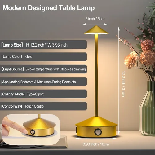 Vista 4 de Juego de 2 lámparas de mesa inalámbricas, lámpara de escritorio LED portátil, funciona con batería de 6000 mAh, lámpara recargable de 3 niveles