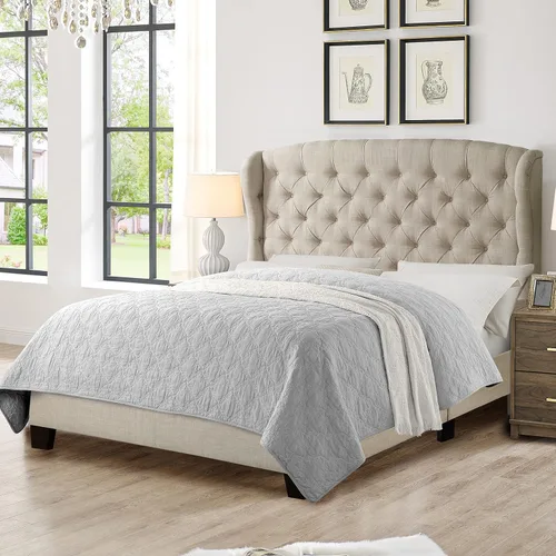 Vista 2 de Rosevera Josie Wingback - Base de cama con cabecera capitoné de altura ajustable, marco de cama tapizado de tela, soporte de listones de madera Gris