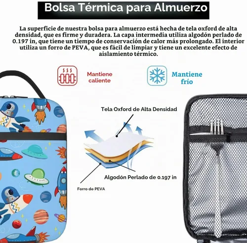 Vista 4 de Lonchera espacial para niños y niñas, térmica, térmica, linda bolsa de almuerzo para la escuela Dibujos animados aeroespacial