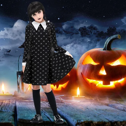Vista 5 de ZIW Girls Wednesday Addams Costume Dress Kids Family Halloween Costumes Skull Printed Long Sleeve Pugsley Cosplay