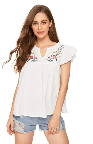 Vista 4 de Floerns - Camisa con diseño de estilo mexicano bordado bohemio para mujer