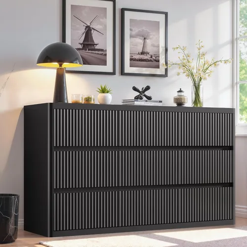 Vista 14 de Standifurno Cómoda negra de 56 pulgadas de alto para dormitorio, moderna acanalada con 6 cajones profundos, cómoda de madera con asas, perfiles Negro