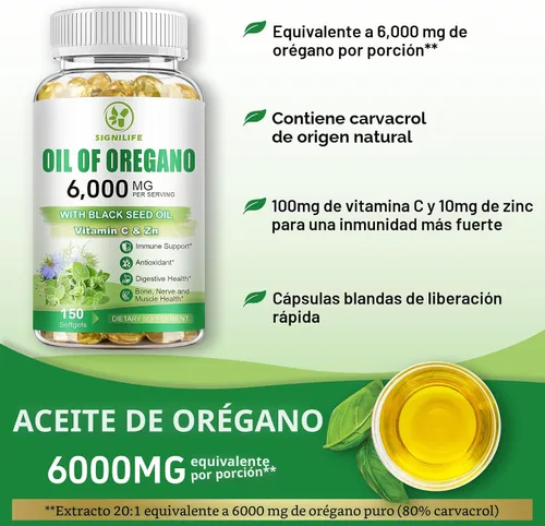 Vista 5 de Aceite de orégano con aceite de semilla negra, cápsulas de aceite de orégano de 6000 mg para apoyo inmunológico con alto contenido de carvacrol